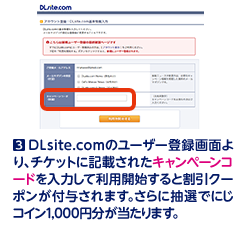 3 DLsite.comのユーザー登録画面より、チケットに記載されたキャンペーンコードを入力して利用開始すると割引クーポンが付与されます。さらに抽選でにじコイン1,000円分が当たります。