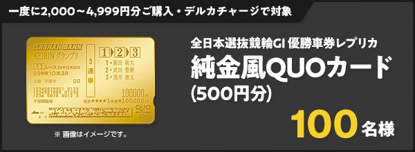 一度に2,000～4,999円分ご購入・デルカチャージで対象 全日本選抜競輪GI優勝車券レプリカ 純金風QUOカード(500円分) 100名様