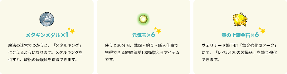 メタキンメダル×1・元気玉×6・黄の上錬金石×6