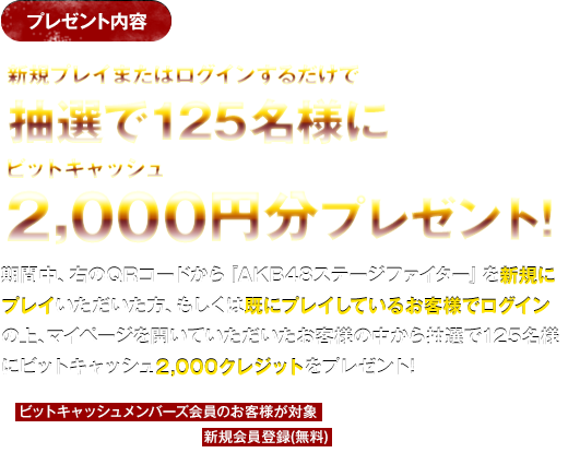 新規プレイまたはログインするだけで抽選で125名様に、ビットキャッシュ2,000円分プレゼント！
