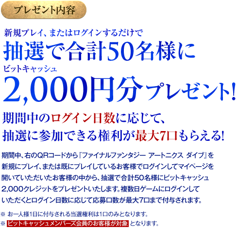 新規プレイまたはログインするだけで抽選で50名様に、ビットキャッシュ2,000円分プレゼント！