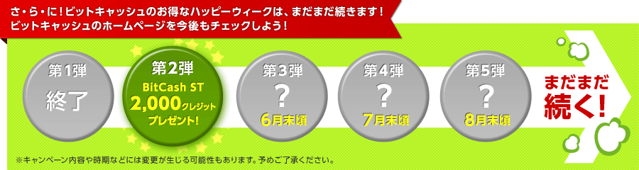 さらにビットキャッシュのお得なハッピーウィークはまだまだ続きます!ビットキャッシュのホームページを今後もチェックしよう!