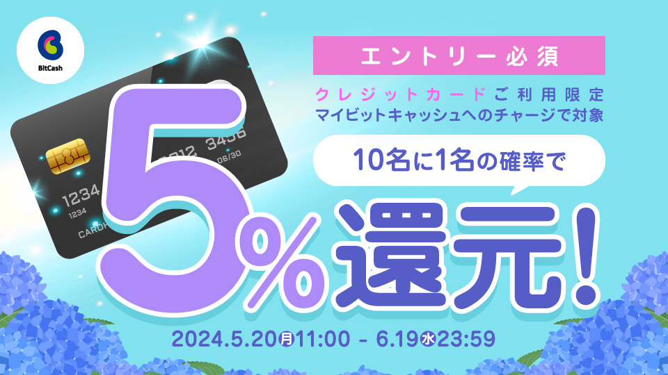 エントリー必須！クレジットカードチャージで10名に1名の確率でチャージ額の5%還元！