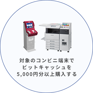 対象のコンビニ端末で ビットキャッシュを 5,000円分以上購入する