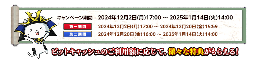 ビットキャッシュのご利用額に応じて、様々な特典がもらえる!