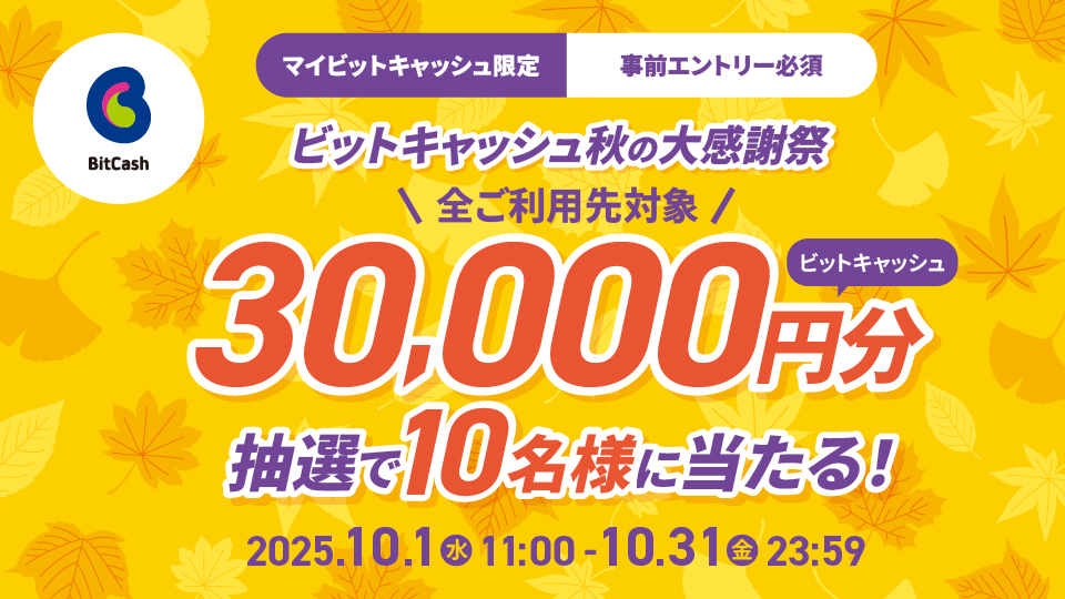 抽選で30,000円分プレゼント！ビットキャッシュ 秋の大感謝祭