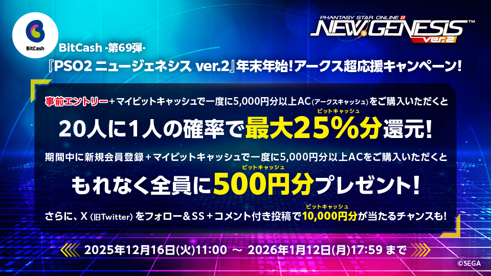 BitCash-第69弾- 『PSO2 ニュージェネシス ver.2』年末年始！アークス超応援キャンペーン！