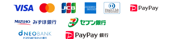クレジットカード（Visa・Mastercard・JCB・American Express・Diners Club）、PayPay、オンラインバンキング（みずほ銀行・セブン銀行・ドコモSMTBネット銀行・PayPay銀行）など