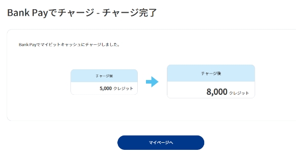 ビットキャッシュメンバーズに戻ると、マイビットキャッシュの残高にチャージされます。