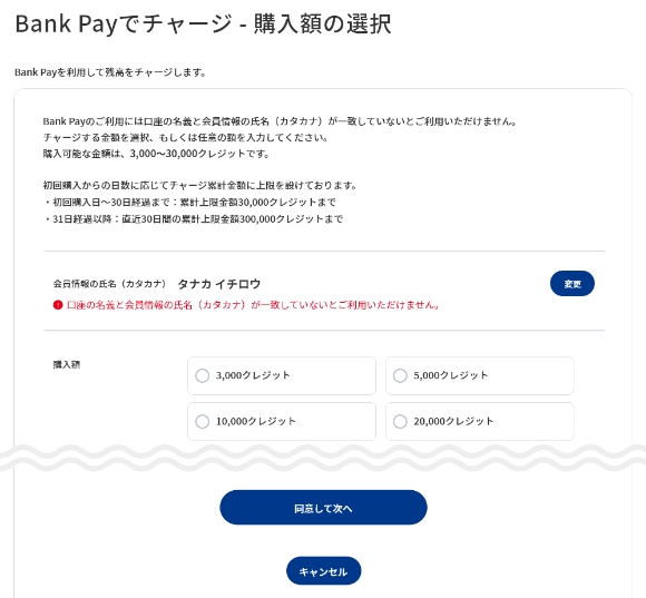 購入額を選択し、規約に同意の上[同意して次へ]を押します。