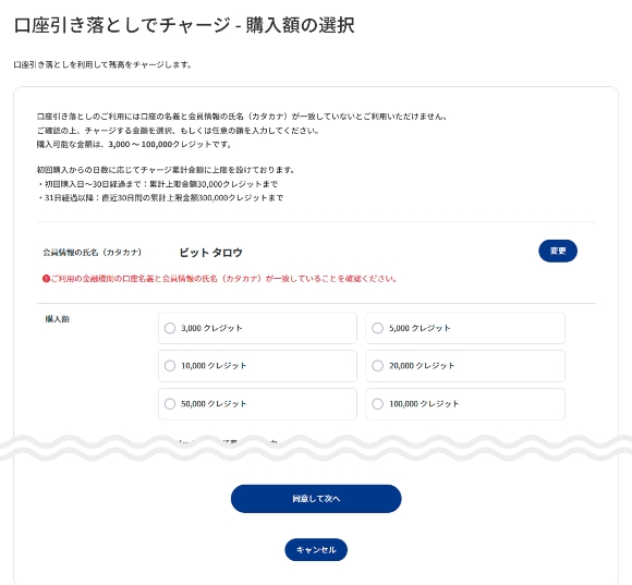 購入額を選択し、規約に同意の上[同意して次へ]を押します。